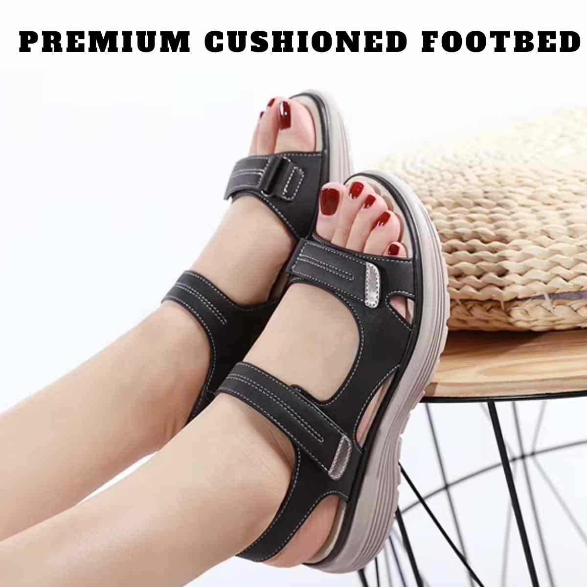 Summer Sandals for Women | Women’s Orthopedic Bunion Relief Sandals | Premium Arch Support Walking Shoes | Adjustable Straps | Vegan Leather | Black