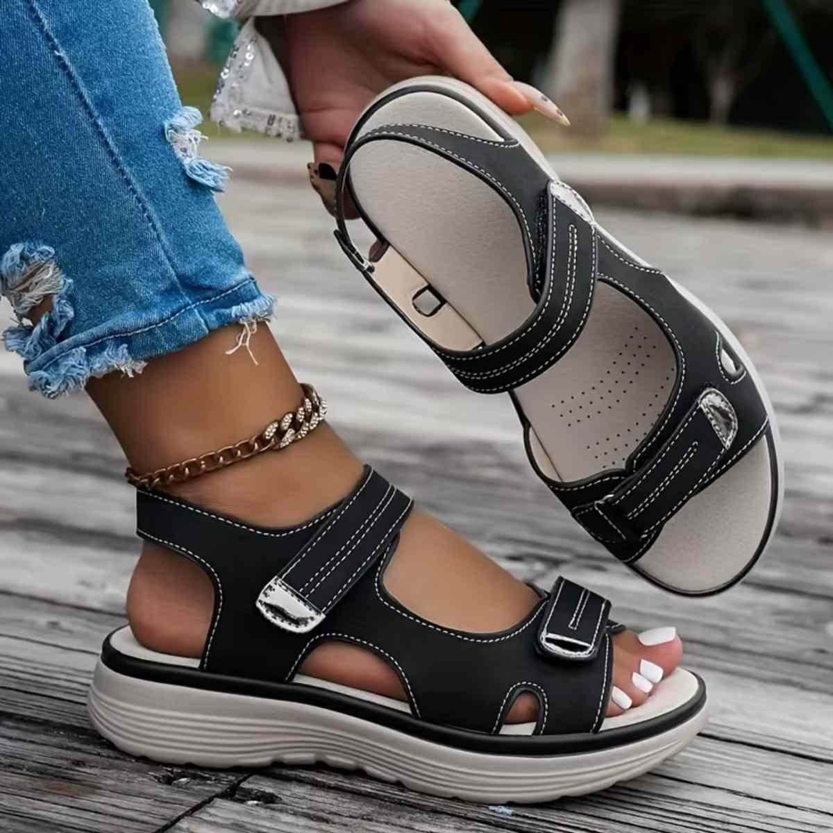 Summer Sandals for Women | Women’s Orthopedic Bunion Relief Sandals | Premium Arch Support Walking Shoes | Adjustable Straps | Vegan Leather | Black