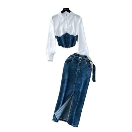 Denim Corset White Shirt Dress Set Two Piece Outfit Long Skirt Business Casual1