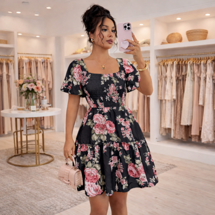 Black floral dress with square neckline, smocked bodice, short sleeves and tiered mini dress silhouette