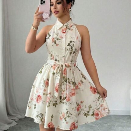 Floral Dress Women Boho Halter Shirt Mini Sundress