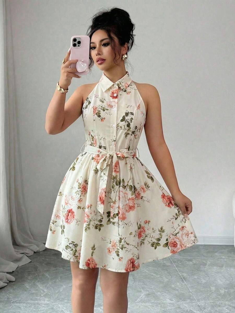 Floral Dress Women Boho Halter Shirt Mini Sundress Floral Dress Women Boho Halter Shirt Mini Sundress