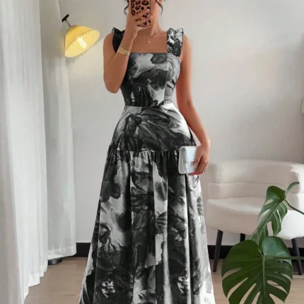 Floral Maxi Dress Women Black White Boho A-Line Black & White