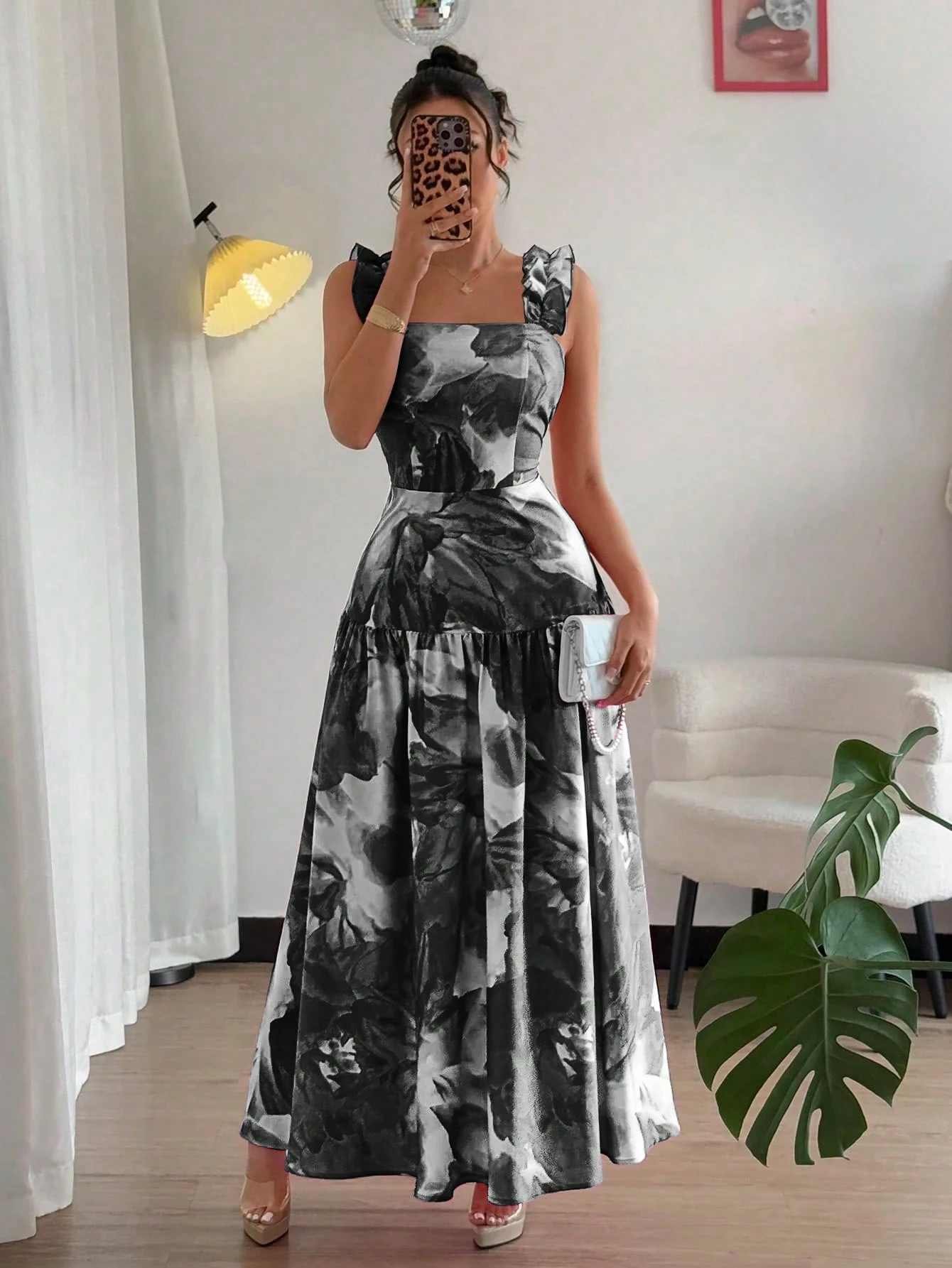 Floral Maxi Dress Women Black White Boho A-Line Black & White Floral Maxi Dress Women Black White Boho A-Line Black & White