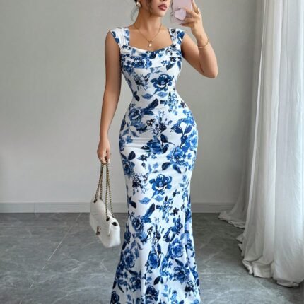 Floral Maxi Dress Women Bodycon Mermaid Long Dress Blue