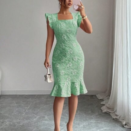 Jacquard Floral Midi Dress Women Aqua Green