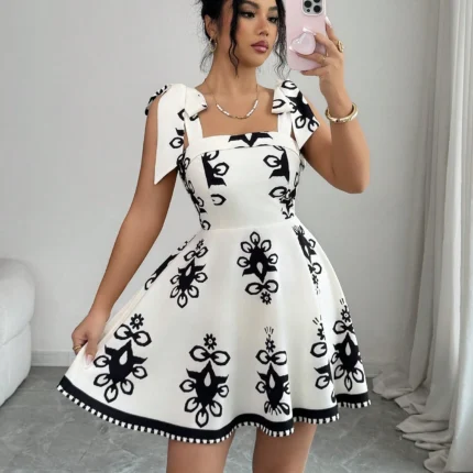Mini Dress Women Black White Print Boho Flared