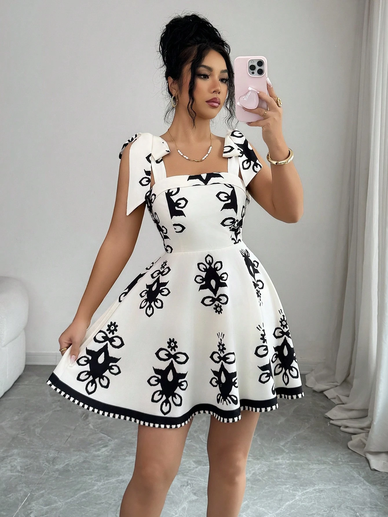 Mini Dress Women Black White Print Boho Flared Mini Dress Women Black White Print Boho Flared